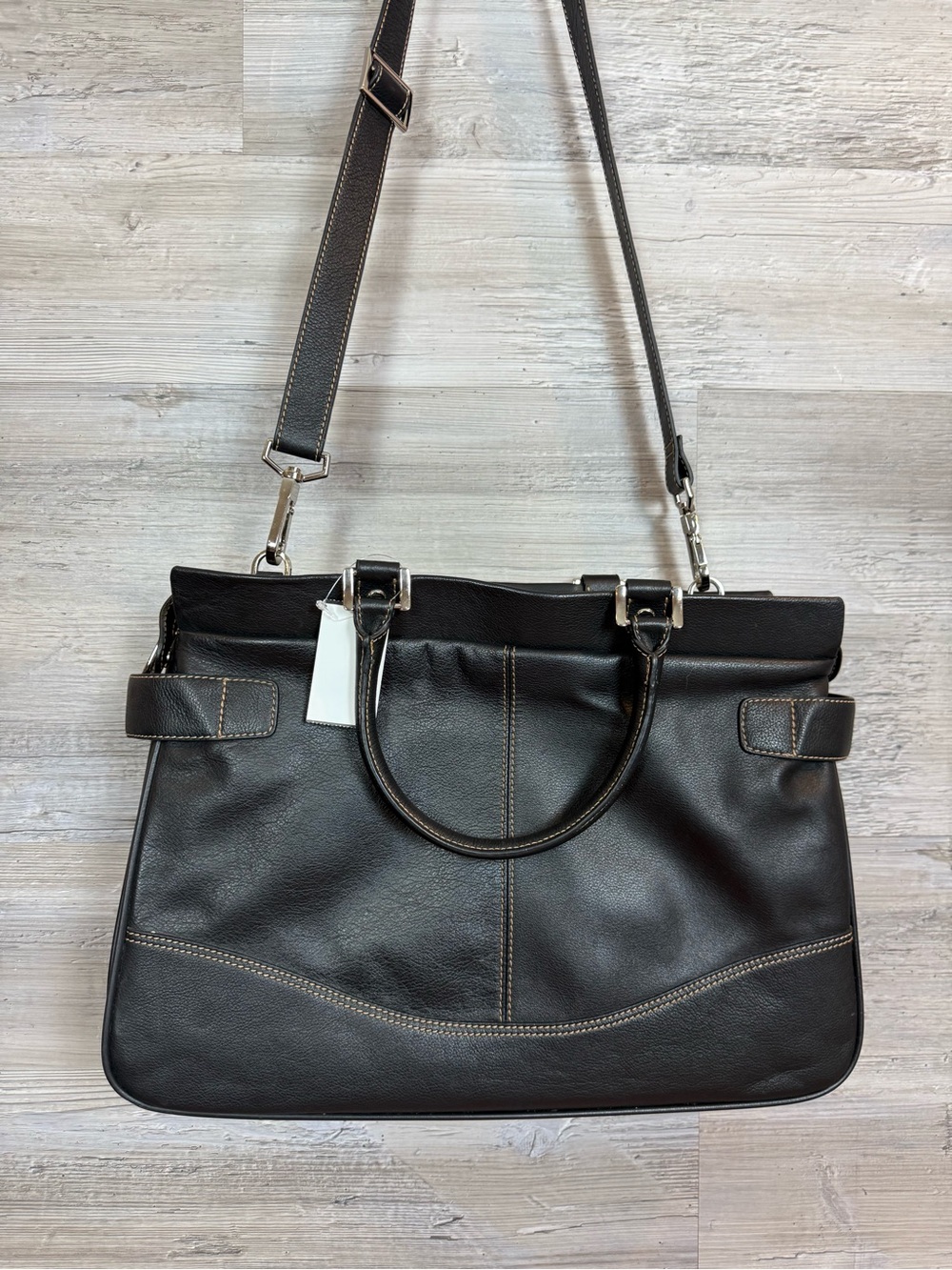 FranklinCovey Black Leather Laptop Bag Briefcase Tote Crossbody Satchel Purple - Picture 3 of 9